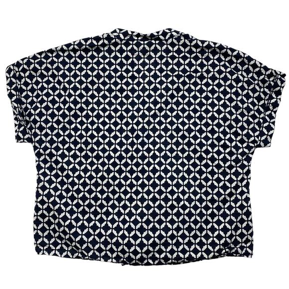 CHARTER CLUB Linen Blue White Geometric Print Blouse Large Tie Front Button Up - Picture 5 of 9